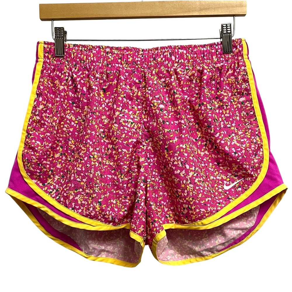 Nike Dri-FIT Tempo Shorts Womens Large Pink Yellow Splatter Running Sporty Gym